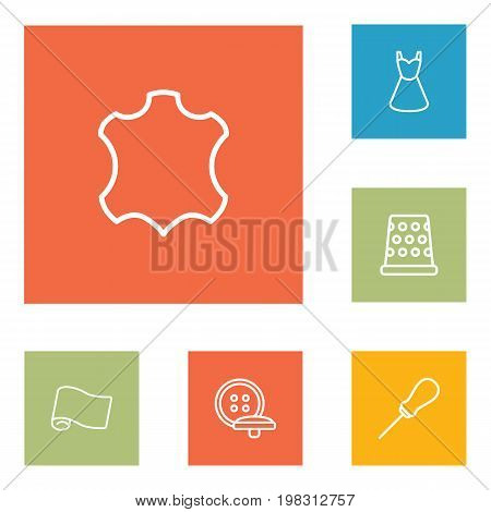 Collection Of Fabric, Awl, Buttons And Other Elements.  Set Of 6 Sewing Outline Icons Set.
