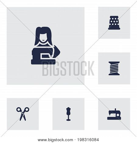 Collection Of Cutter, Machine, Spool And Other Elements.  Set Of 6 Stitch Icons Set.