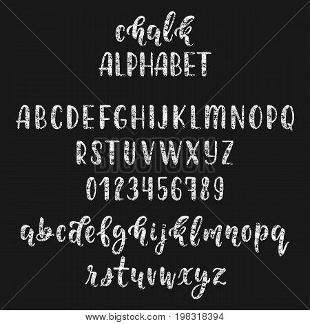Chalk handwritten latin calligraphy brush script with numbers and symbols. Modern chalk alphabet. Vector illustration