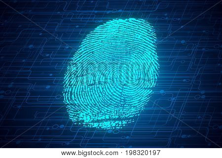 Abstract glowing digital finger print background. Biometrics concept. 3D Rendering
