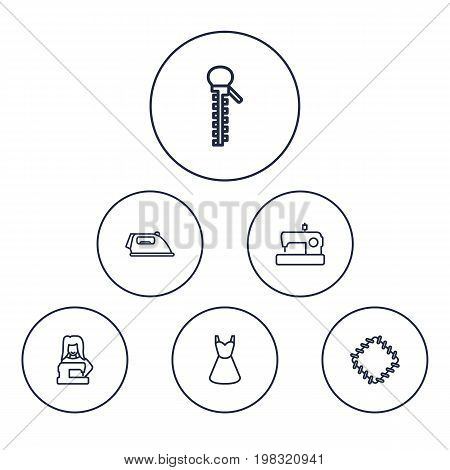 Collection Of Dress, Zipper, Sewing And Other Elements.  Set Of 6 Stitch Outline Icons Set.