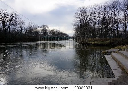 The Jefferson Street Bridge crosses the Du Page River near the Hammel Woods Forest Preserve in Shorewood, Illinois, during December.