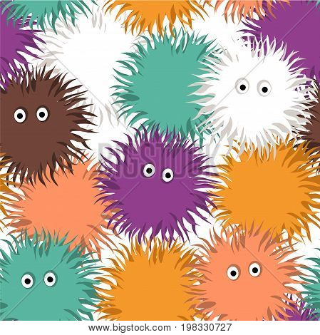 Seamless pattern with cute cartoon colorful fluffy round characters. Vector childish texture.