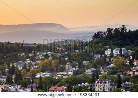 Evening Sukhum, capital of Abkhazia. Aerial view