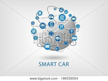 Connected smart car vector infographic and background