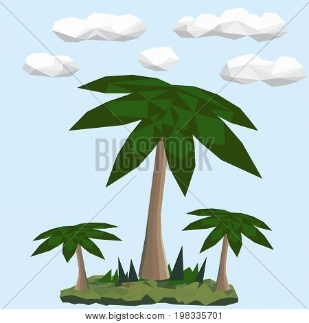 Polygonal green palms. Clouds in the background