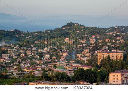 Evening downtown of Sukhum, Abkhazia. Aerial view