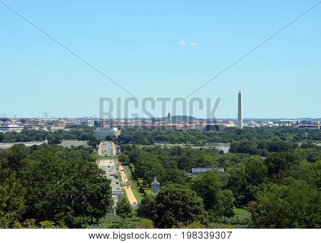 Panoramic photo of Washington, D.C. skyline along the Potomac River.