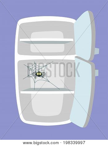 Empty fridge. Kitchen refrigerator with spider and web. Absolutely no food. Nothing to eat concept. Cartoon style. Vector illustration.