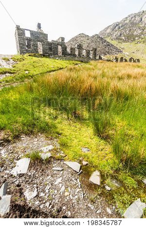 Ruined Barracks of slate mine. Cwmorthin Bleneau Ffestiniog Gwynedd Wales United Kingdom.
