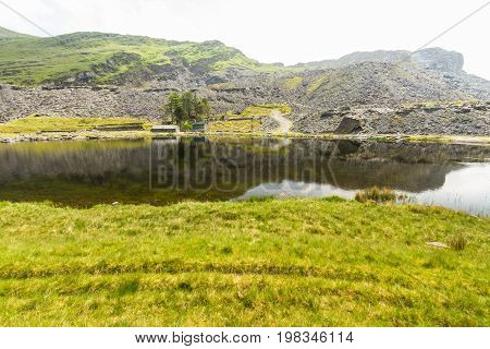 Cwmorthin glacial hanging valley. Cwmorthin Bleneau Ffestiniog Gwynedd Wales United Kingdom. Looking towards slate mine