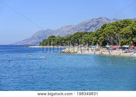 BRELA, CROATIA - 6 JULY, 2017: Amazing View Of Brela Beach Dalmatia Croatia