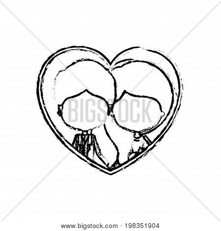 blurred silhouette heart shape with caricature faceless newly married couple inside of newly married couple young groom with formal wear and bride with wavy long hairstyle and holdings hands vector illustration