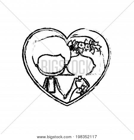 blurred silhouette heart shape with caricature faceless newly married couple inside of newly married couple bearded groom with formal wear and bride with straight short hairstyle and holdings hands vector illustration