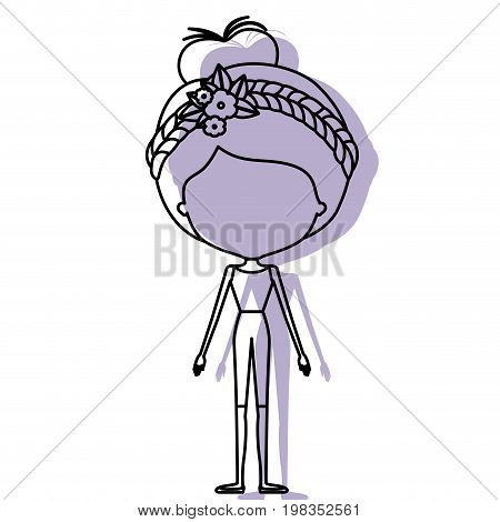 silhouette lilac color shadow of contour caricature faceless skinny woman in clothes with bun collected hairstyle and flower crown accesory vector illustration