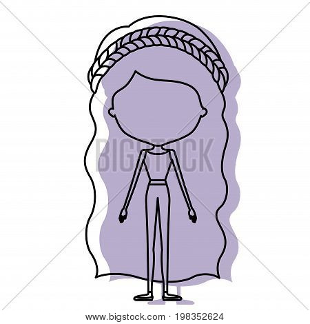 silhouette lilac color shadow of contour caricature faceless skinny woman in clothes with wavy long hairstyle and flower crown accesory vector illustration