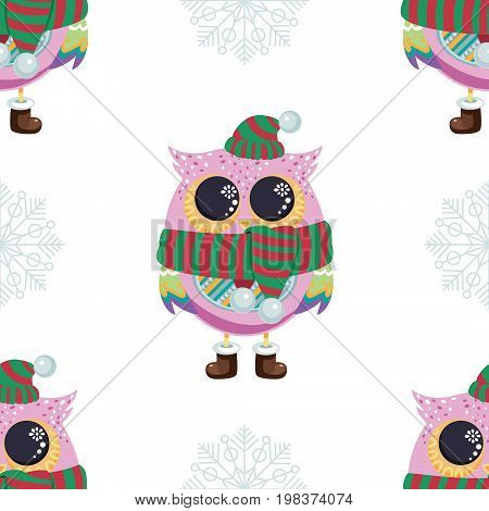 Winter pattern of a stylized owl with a scarf, a hat and a snowflake