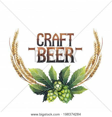 Vintage vignette made of hops and malts isolated on white background. Hand painted watercolor design
