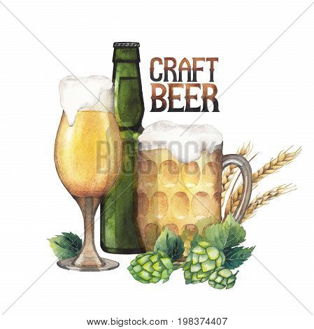 Two watercolor glasses of pale beer and green bottle decorated with malts and hops. Hand painted alcoholic beverages isolated on white background