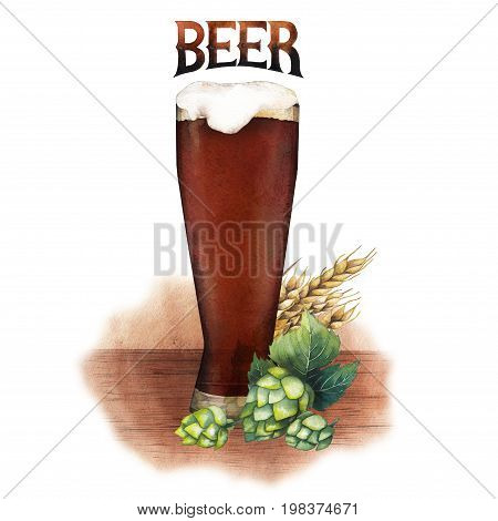 One watercolor glass of dark beer decorated with malts and hops over the wooden texture. Hand painted alcoholic beverages isolated on white background
