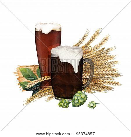 Two different watercolor glasses of dark beer decorated with malt bunch and hops. Hand painted alcoholic beverages isolated on white background