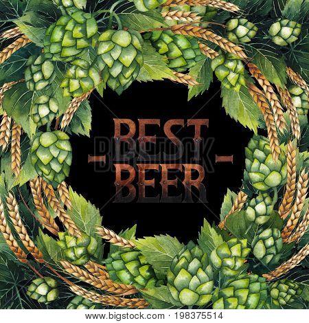 Vintage card made of hops and malts isolated on white background. Hand painted watercolor design