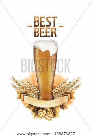 Watercolor high glass of beer decorated with ribbon, malts, hops and painted texture on background. Hand painted isolated alcoholic beverage