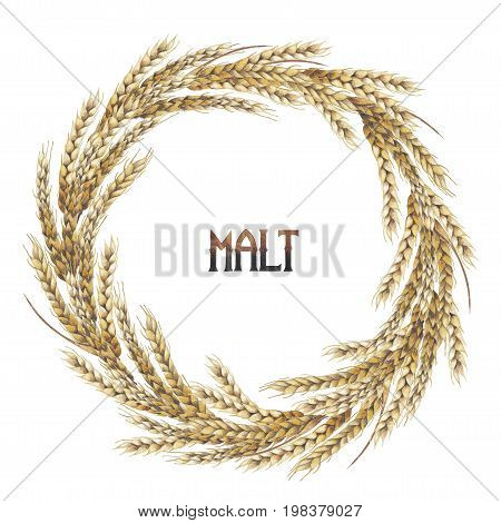 Watercolor malt wreath isolated on white background. Hand painted design with cereals
