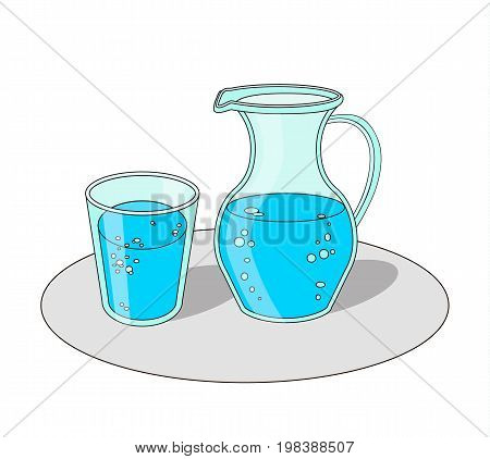 Glass of water. Carafe of water. Blue colors on white background.
