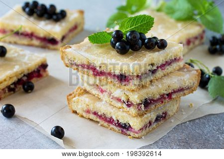 Homemade Cookies With Black Currant Berries On A Gray Stone Or Slate Background. Summer Pastries.