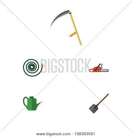 Flat Icon Garden Set Of Hosepipe, Hacksaw, Shovel And Other Vector Objects