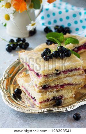 Homemade Baking. Cookies With Black Currant Jam On A Gray Stone Or Slate Background.