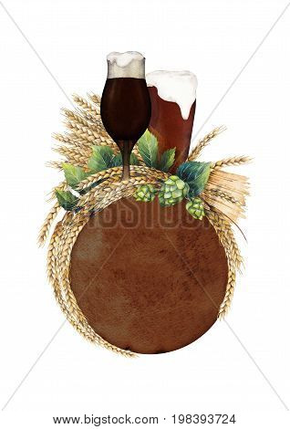 Two watercolor glasses of dark beer decorated with malts and hops over the brown textured circle. Hand painted wreath isolated on white background