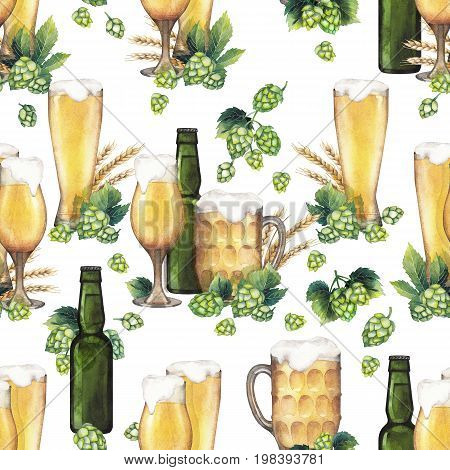 Watercolor glasses of beer, green bottles, malt and hops. Hand painted seamless pattern. Oktoberfest design