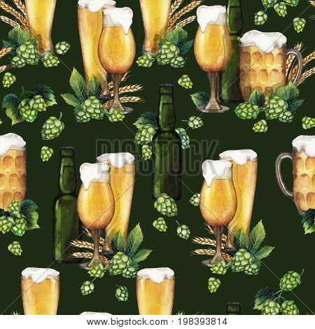 Watercolor glasses of beer, green bottles, malt and hops. Hand painted seamless pattern. Oktoberfest design