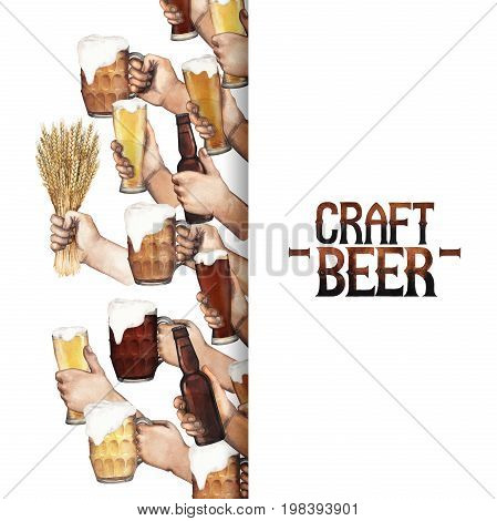 Watercolor hands, holding different kinds of beer in three types of glasses, bottles, malt bouquets. Hand painted alcoholic beverages. Oktoberfest design