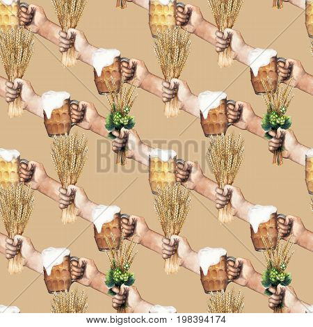 Watercolor hands holding pints of beer, malt and hop bouquets. Hand painted seamless pattern. Oktoberfest design