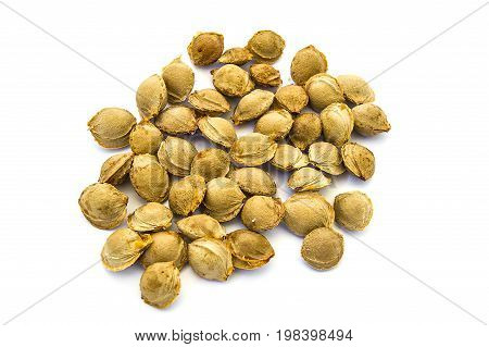 Apricot kernels on white ground, pictures of apricot kernels used in medicine and pill making,