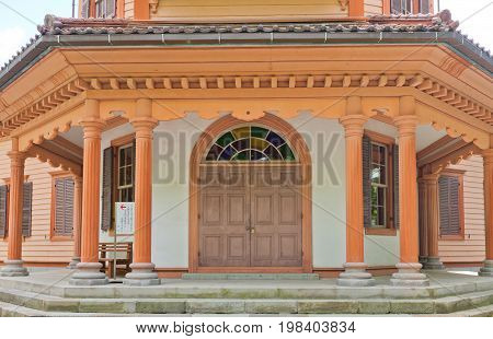 YAMAGATA JAPAN - MAY 28 2017: Entrance of Former Prefectural Hospital Saiseikan (1878) in Kajo Park of Yamagata. Today hosts Local History Museum National cultural property of Japan since 1966