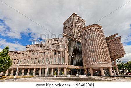 YAMAGATA JAPAN - MAY 28 2017: Kajo Central commercial building (circa 2000) near railway station in Yamagata Japan. Hosts Washington Hotel tourist center theater offices restaurants and shops
