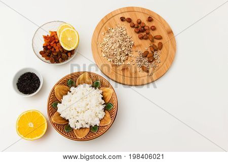 Russian christmas porridge sochivo concept overhead ingredients.
