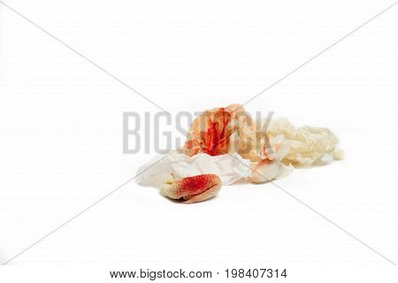 Blood On Tissue And Cotton On White Isolate Background  With Copy Space And  Clipping Path, The Pain