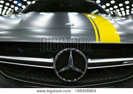 Sankt-Petersburg Russia July 21 2017: Front view of a Mercedes Benz C 63s AMG coupe 2017. Front Headlight. Dark Matt colour. Car exterior details. Photo Taken at Royal Auto Show July 21