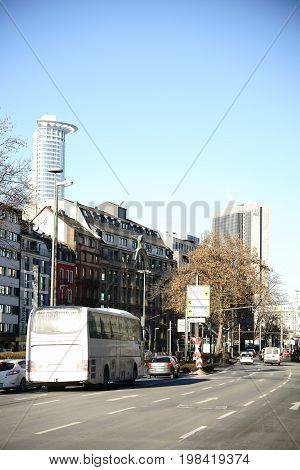 FRANKFURT, GERMANY - JANUARY 05: The bus station at the main station in Frankfurt with the Westend 1 Tower in the background on January 05 2017 in Frankfurt.
