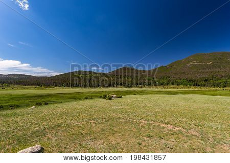 Trail Ridge Road is the name for a stretch of U.S. Highway 34 that traverses Rocky Mountain National Park from Estes Park Colorado in the east to Grand Lake Colorado in the west offering stunning mountain views.