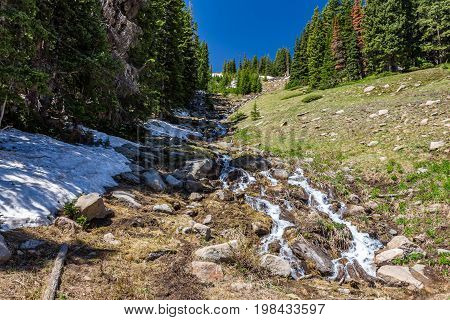 Trail Ridge Road is the name for a stretch of U.S. Highway 34 that traverses Rocky Mountain National Park from Estes Park Colorado in the east to Grand Lake Colorado in the west offering stunning mountain views.