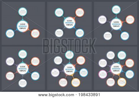 Circle infographic templates with 3, 4, 5, 6, 7 and 8 elements steps or options, workflow or process diagram, data vizualization, vector eps10 illustration