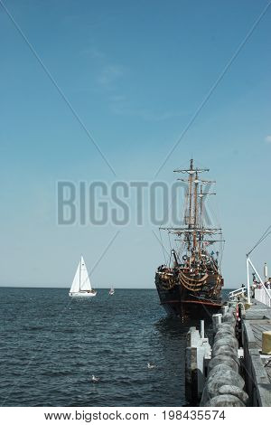 SOPOT, POLAND - AUGUST 02 2015 - the old beautiful port city of Sopot on the Baltic Sea the sea view and the Sopot ship