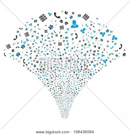 Source of call center symbols. Vector illustration style is flat blue and gray iconic symbols on a white background. Object source made from random design elements.