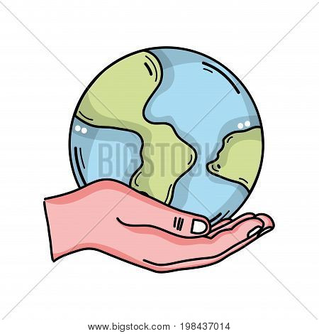 hand with global earth planet and geography ubication vector illustration